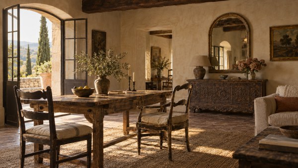 Antique wooden furniture in an Italian villa living room