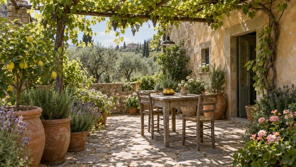 Italian courtyard garden with terracotta pots, lemon tree and pergola