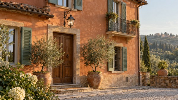 Italian villa exterior with green wooden shutters and a wooden front door