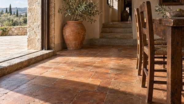 Terracotta floor and stone details in an Italian villa